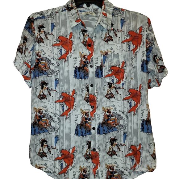 Book Oum orange koi fish button up shirt Med Novelty Indie Unique Asian - Picture 1 of 4